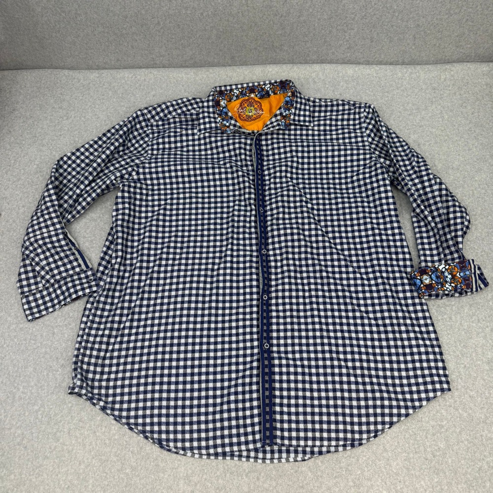 Robert Graham Mens 3XLB Navy Blue White Gingham Check Button Down Shirt L/S